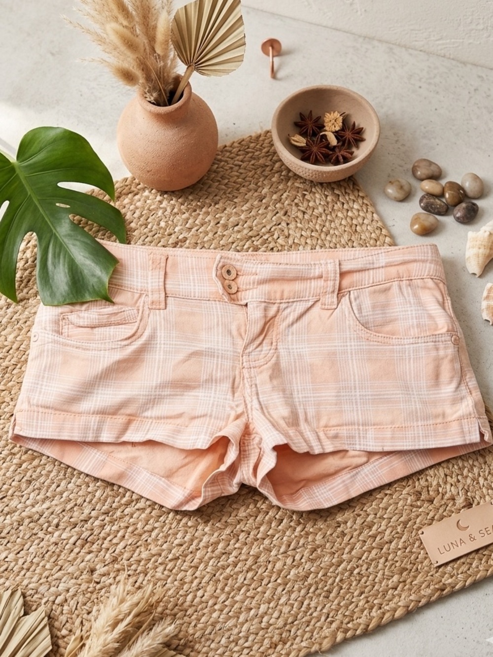 YMI Women’s Plaid Low Rise Shorts Peach  Preppy Orange White Tartan - Size 3